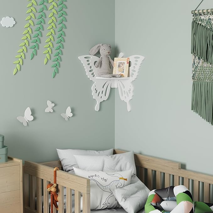 Butterfly Corner Shelf Nursery Wall Deor Floating Corner Shelf for Kid’s Room, Small Cute Decorative Shelf Wall Mounted, White Hanging Hollow Out Shelf for Toys, Plants and Decorations Storage, White