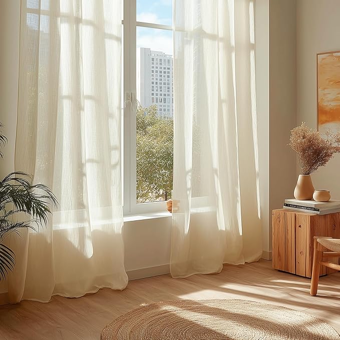 Dreaming Casa Ivory Sheer Curtains 102 Inches Long, Rod Pocket & Back Tab Light Filtering Textured Sheers for Living Room Bedroom, 2 Panels, Each 52" W x 102" L