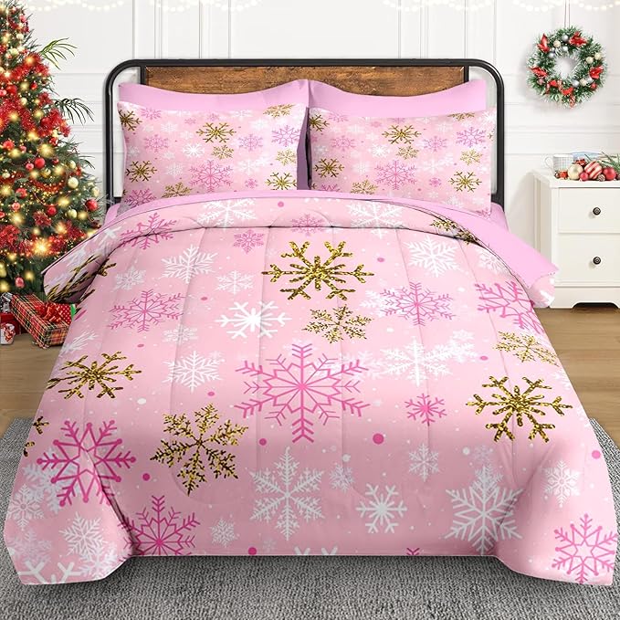 7 Pcs King Size Christmas Comforter Set with 2 Pillowcases & 2 Shams, Pink Winter Snowflake Bedding for Kids and Adults, Funny Sparkle Farm Bed in a Bag with Flat Fitted Sheet