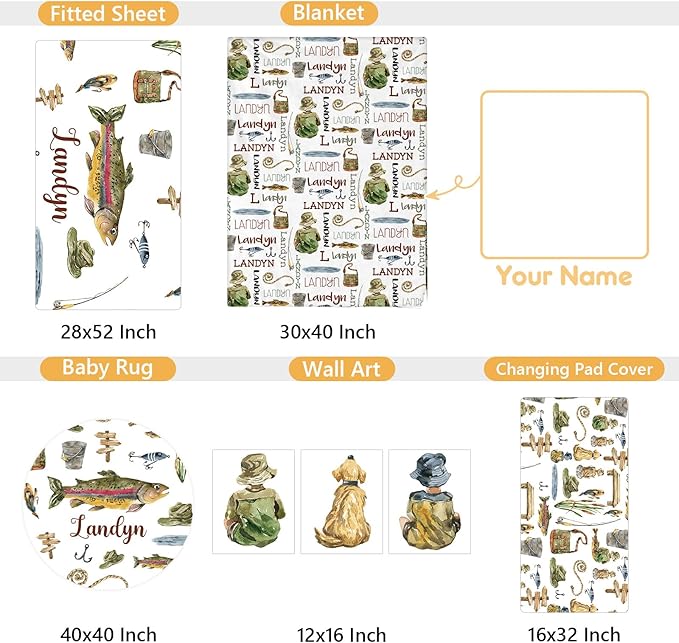 Personalized Baby Crib Set, 5 Pcs Baby Boy Crib Bedding Set, Custom Name Fishing Baby Crib Bedding Set Neutral, Double Layer Flannel Nursery Bedding Set, Newborn Infant Toddler Customized Gift