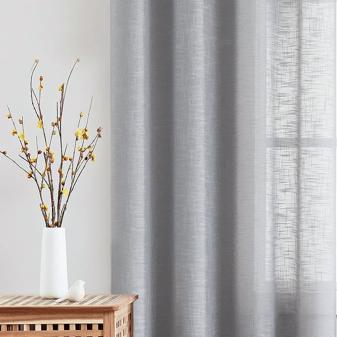 FMFUNCTEX Linen Semi Sheer Curtains 45 Inches Long for Bedroom Living Room, Grey Curtain Panels Sheer Linen Textured Window Drapes Farmhouse Light Filtering Gray 2 Panels Rod Pocket