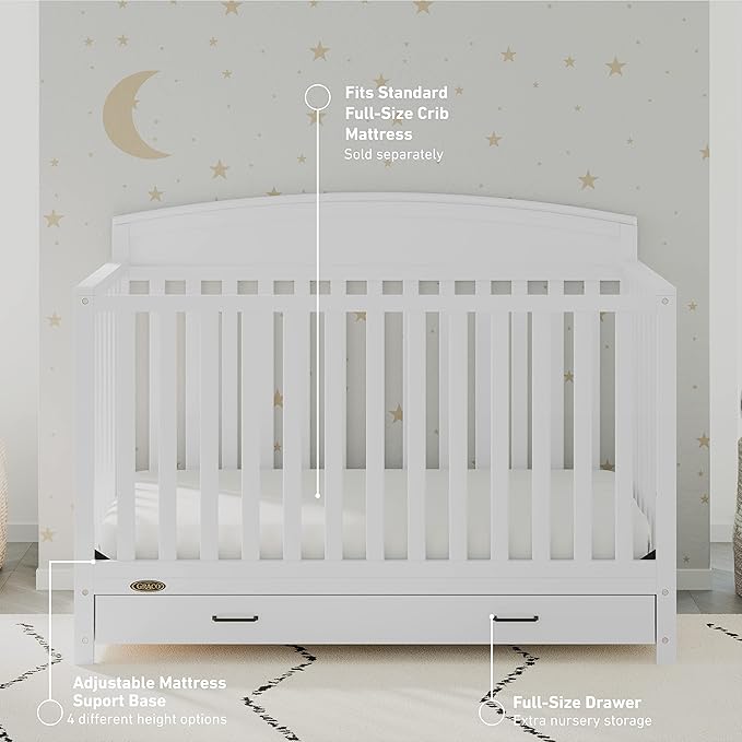 Graco Benton 5-in-1 Convertible Crib with Drawer (White) - Converts from Baby Crib to Toddler Bed, Daybed and Full-Size Bed, Fits Standard Full-Size Crib Mattress, Adjustable Mattress Support Base
