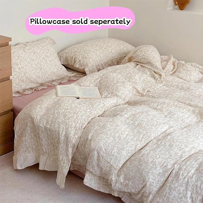 BuLuTu Rabbit Duvet Cover Full Size Kids Duvet Cover 79"x90" Muslin Cotton Quilt Cover with Chic Ruffles, Girls Comforter Cover with Zipper Closure, Machine Wash, All Seasons