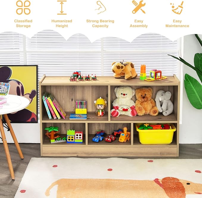 Costzon Toy Storage Organizer for Kids, 5-Section School Classroom Storage for Organizing Books Toys, Wooden Kids Bookshelf Daycare Furniture for Preschool, Playroom, Nursery, Kindergarten (Natural)