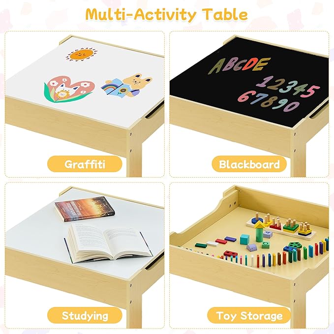 Kids Table and Chair Set, 3 in 1 Wooden Activity Table with Detachable Tabletop, Toddler Table and Chair Set with Storage Drawer, Kids Play Table for Children Art, Craft, Eating, Learning