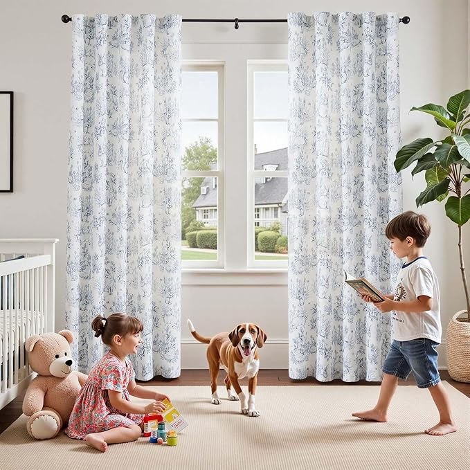 jinchan Linen Nursery Curtains 96 inch Long Woodland Wildlife Blue Print Drapes for Kid's Room Light Filtering French Country Farmhouse Curtains with Bunny and Forest Design Set of 2 Panels
