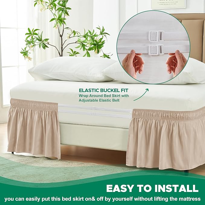 Biscaynebay Wrap Around Bed Skirts with Adjustable Belts for King & Cal King Beds 15" Drop, Sand Elastic Dust Ruffles Easy Fit Wrinkle Resistant Silky Fabric Machine Washable