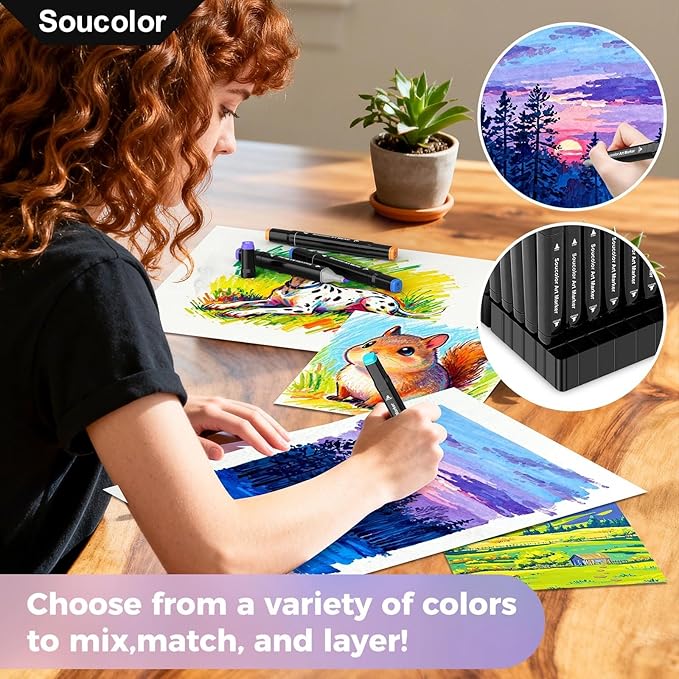 Soucolor Alcohol Markers 204 Colors with Case & Holders, Dual Tips Chisel & Fine Art Markers for Adult Coloring Kids Drawing, Artist Markers Art Supplies for Blending Sketching
