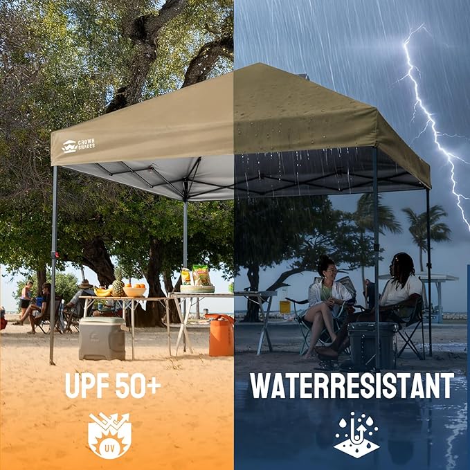 CROWN SHADES 10x10 Pop Up Canopy Tent - Patented Center Lock One Push Instant Outdoor Canopy Beach Tent with STO-N-Go Bag 8 Stakes & 4 Sand Bags，Khaki