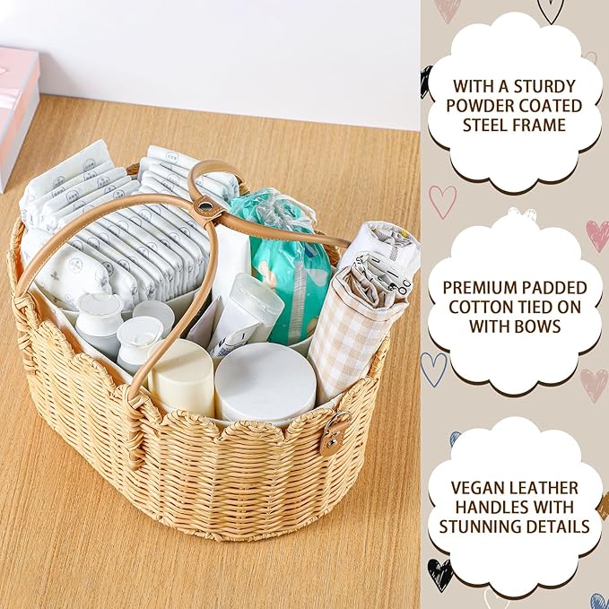 Baby Diaper Caddy Organizer Crafted Scalloped Rattan Basket with Shoulder Strap and Removable Divider Diaper Caddy Basket for Baby Shower Gifts Newborn