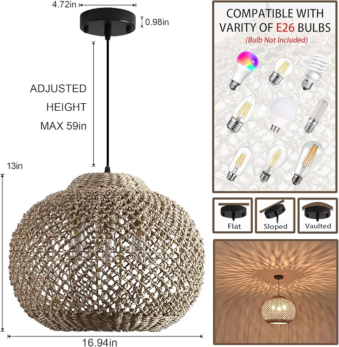 17" Woven Rattan Ceiling Pendant Light Fixture 3-Light Boho Coastal Brown Wicker Hanging Lighting of Kitchen Island Farmhouse Dining Room Entryway Foyer