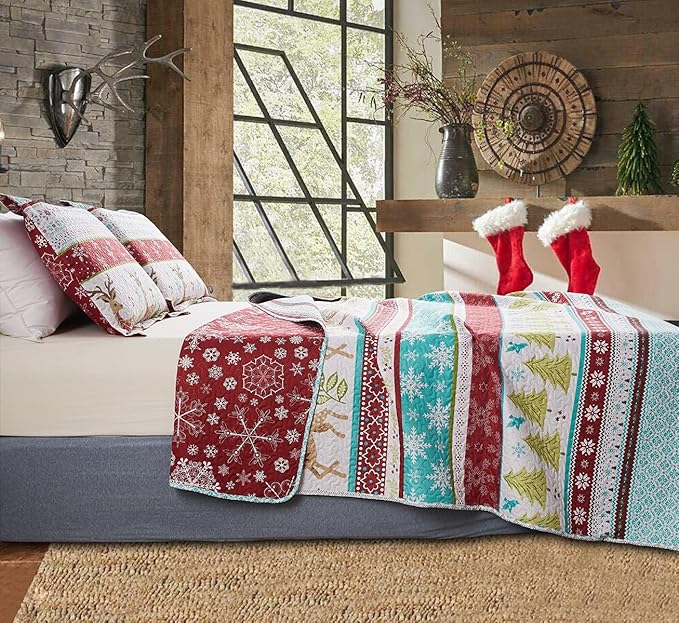 Jessy Home Christmas Bedding Set - Queen Size Quilt, Bedspread, Reversible Coverlet - Rustic Lodge Deer Snowflake Cabin Home Holiday Decor