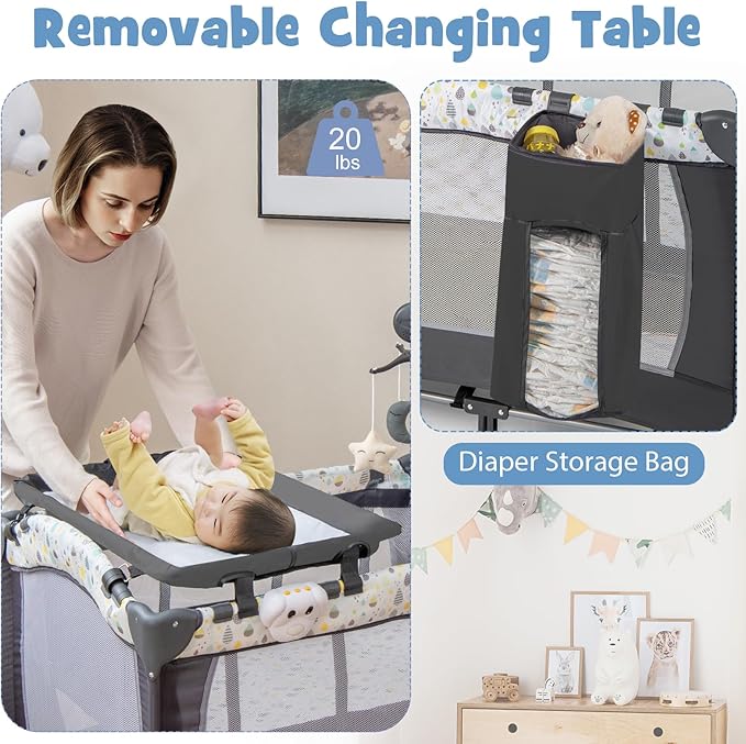 HONEY JOY Pack and Play, 4 in 1 Portable Baby Playard with Bassinet, Changing Table, Lockable Wheels, Music Box, Foldable Travel Baby Crib Nursery Center from Newborn to Toddler (Gray)