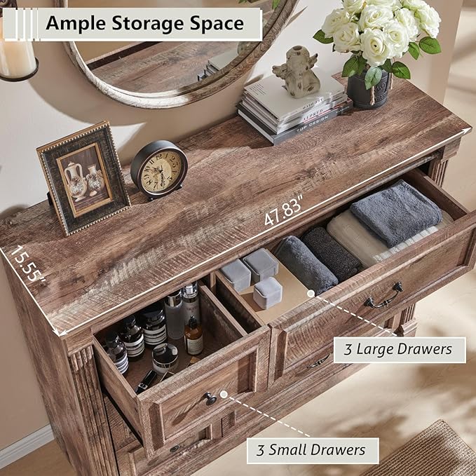 Farmhouse 6 Drawers Dresser for Bedroom, 48" Wide Large Dressers & Chests of Drawers w/Roman Column, Storage Dressers Organizer for Bedroom, Hallway, Living Room, Light Brown