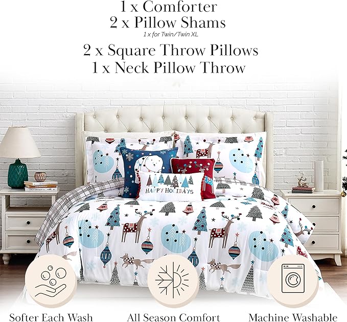 Southshore Fine Living, Inc. 6-Piece Oversized Christmas Bedding Cal King/King, Reversible Christmas Comforter Set King w/Shams and Throw Pillows, Reindeer Print, Red Plaid - Winter Wonderland