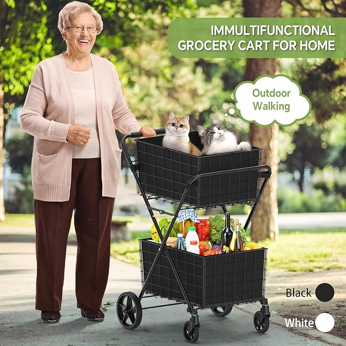JIALIJIU 2-Tier Shopping Cart for Groceries, Folding Grocery Cart with 360° Rolling Wheels, Heavy Duty Utility Carts with 2 Waterproof Liners, Multi-Functional Trolley for Laundry, Household, White