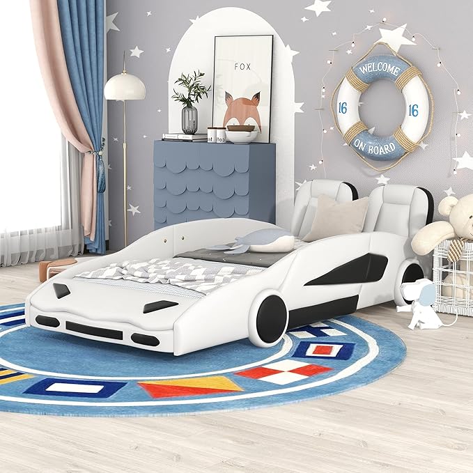 Harper & Bright Designs Twin Size Race Car-Shaped Platform Bed with Wheels, White
