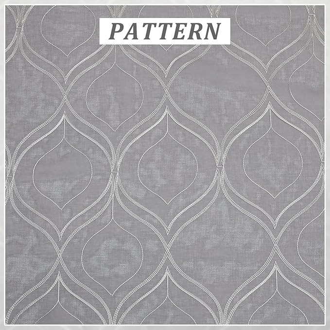 VISIONTEX Sheer Curtains 84 Inches Long 2 Panels Set Light Grey Moroccan Embroidered Curtains Trellis French Textured Rod Pocket Voile Tulle Semi Window Drapes for Bedroom Living Room 54 x 84 Inches