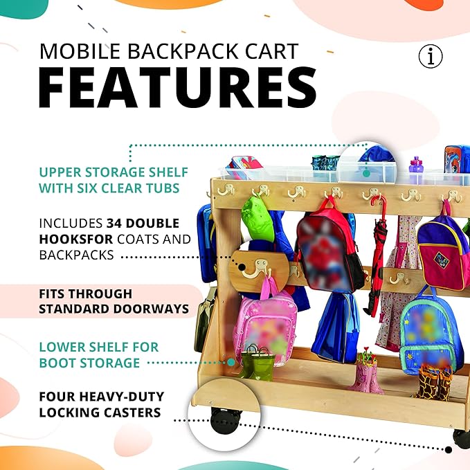 evamarie Rolling Backpack cart and Classroom Cubbies for Daycare - Kids Cubbies Storage with Coat Hooks and Wheels - Wooden Toy Organizers and Storage