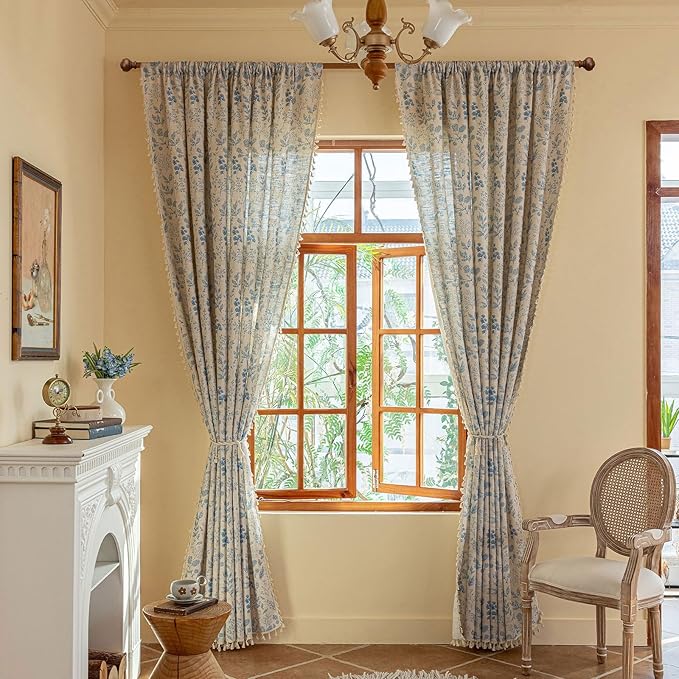 ENJOYBRIDAL Blue Floral Curtains 63 Inches Long 2 Panels Set Semi Sheer Living Room Drapes Boho Short Bedroom Farmhouse Window Curtain Panels Tassel Decorative Aesthetic Rod Pocket Window Treatments