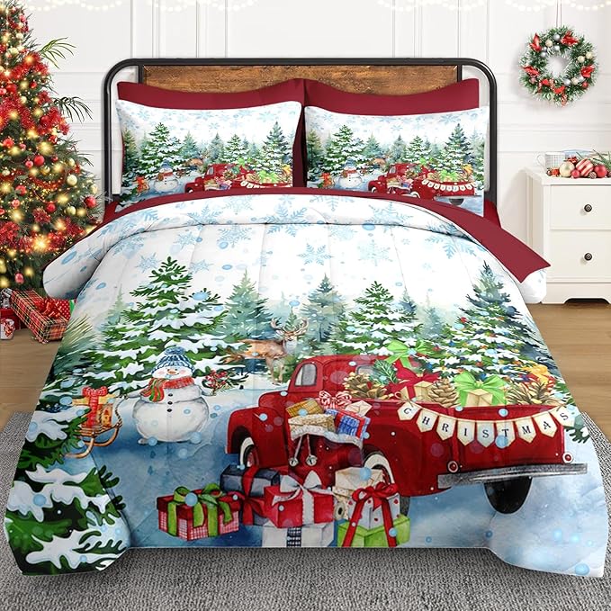 7 Pcs Full Size Christmas Comforter Set with 2 Pillowcases & 2 Shams, Red Vintage Truck Snowman Bedding for Kids and Adults, Winter Snow Forest Elk Bed in a Bag with Flat Fitted Sheet
