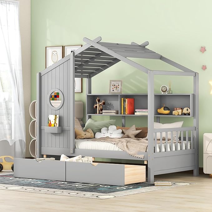 Harper & Bright Designs Twin Size Modern House Bed with Roof, Wooden Twin Size House Bed with 2 Drawers and Storage Shelf, Gray
