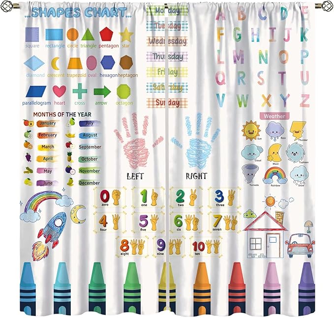 Kids Educational Alphabet Curtain,Boho Watercolor Alphabet Pastel Numbers Shapes Colors for Girls Child Nursery Home Kids Printed Rod Pocket Blackout Window Drapes for Bedroom Living Room 63"W X 63"L