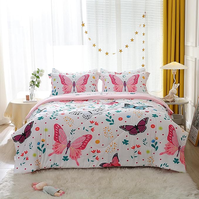 Wajade Butterfly Full Size Comforter Set for Girls Kids Adult Bedding Sets for Girls 7 Pieces Bed in a Bag Colorful Butterflies Flower Leaves Bedding Set All Season Lightweight