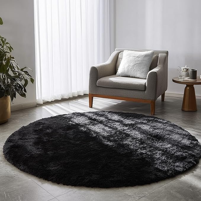 Black Round Rugs 5Ft for Bedroom Aesthetic, Fluffy Plush Circle Area Rugs for Living Room, Fuzzy Modern Cool Throw Carpet for Baby Kids Teen Boys Mens, Office Playroom Nursery Apartment Home Decor
