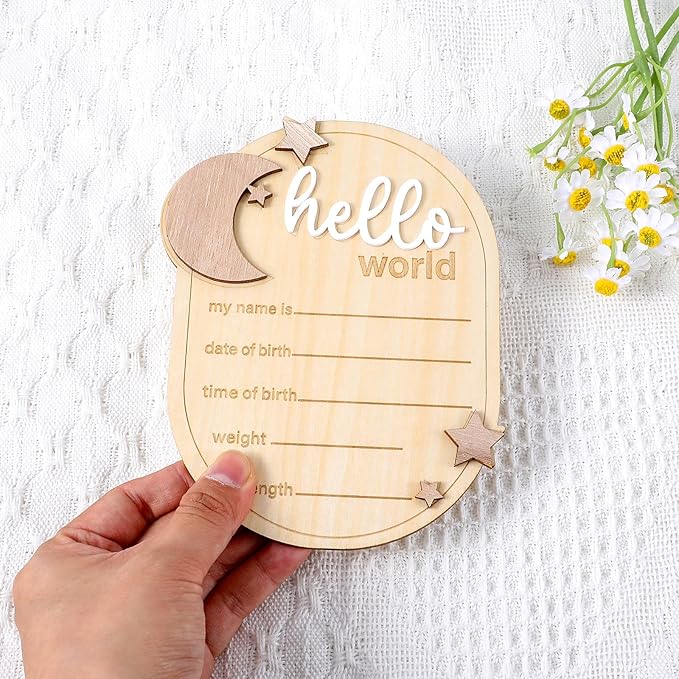 Lusofie Baby Announcement Sign Wooden Moon And Stars Welcome Baby Sign Baby Name Sign For Baby Announcement Birth Announcement Sign For Photo Props Baby Shower Hospital Nursery