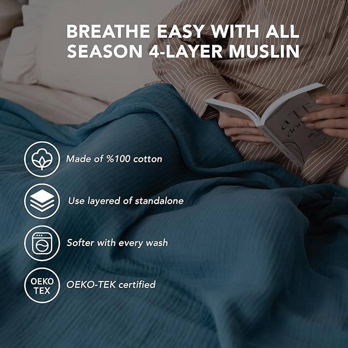 Goqan Muslin Blanket Queen 79x90 – 100% Cotton 4 Layer Boho Muslin Blanket for Adults, Lightweight, Soft, Breathable for Bed - Teal