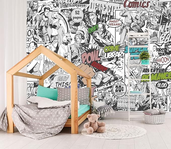 XMPMBM-Cartoon Hand-Painted Comics Nursery Room Fabric Wallpaper Kids Gaming Room Graffiti Bedroom Wall Mural-W 176" X H 113"（138 Square Foot）