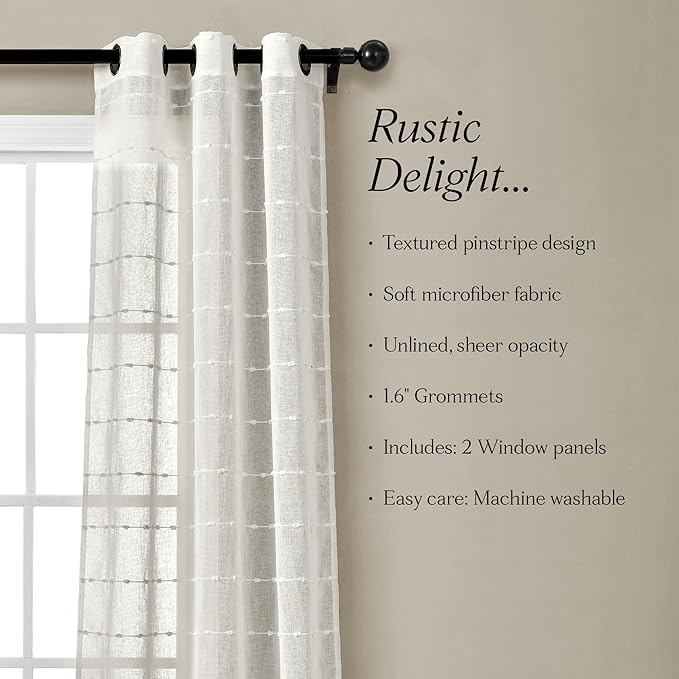 Lush Decor Farmhouse Textured Grommet Sheer Window Curtain Panel Pair, 38"W x 63"L, White