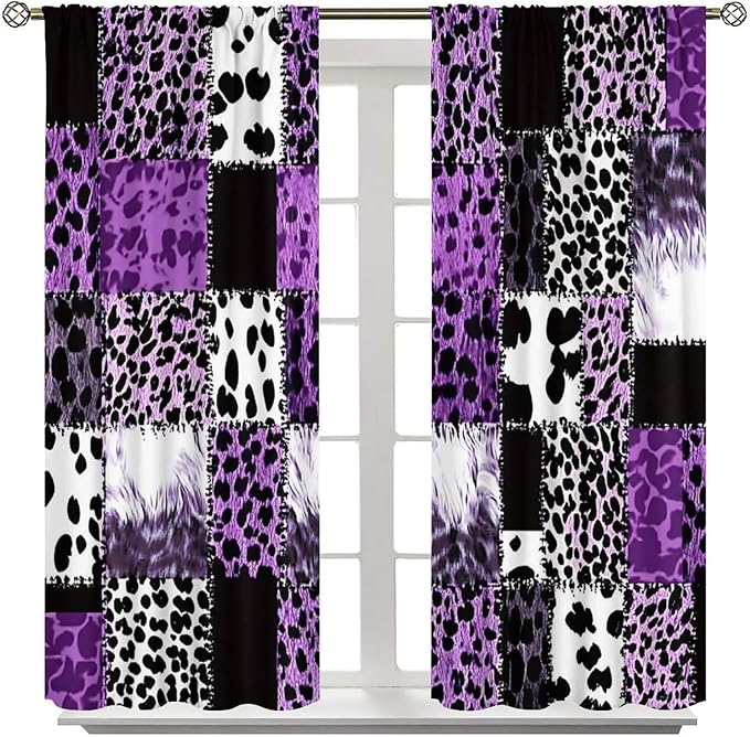 Brown Leopard Curtain, Purple Patchwork Cheetah Panthera Zebra Giraffe Print Safari Wildlife African Wild Animal Skin Window Curtains for Living Room Bedroom 63" W X 63" L
