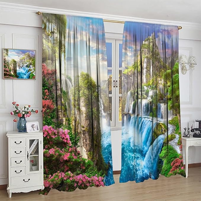 Forest Waterfall Blackout Curtain, Watercolor Tropical Jungle Waterfall Spring Flower Natural Scenery Pattern Window Drapes, for Bedroom Living Room 42" W X 45" L