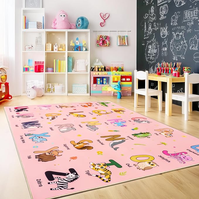 Kids Rugs for Playroom, 7x9 Feet Educational Rug for Learn The ABC Alphabet, Soft Machine Washable Non-Slip Cute Cartoon Animals Carpet for Classroom Toddler Nursery Kids Room Decor, Pink