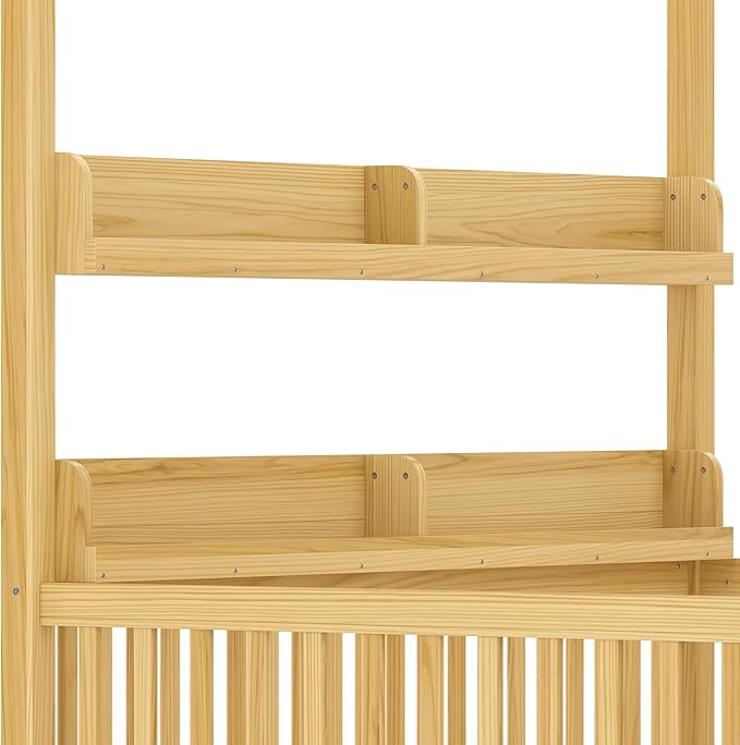 Bellemave Toddlers Full Size Canopy Bed with Fence and Door, Floor Bed with Storage Shelves and 4 Poster Design,Wood Montessori Bed Frame for Kids, Boys,Girls,Space Saving,Easy Assemble（Full,Natural）