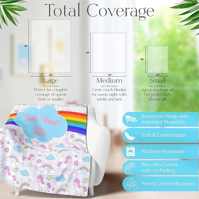 Personalized Rainbow Unicorn Throw Blanket for Girls and Boys with Custom Name, Cute Soft Bedding for Nursery Room or Tummy Play, Warm and Plush (Sherpa 50x60)