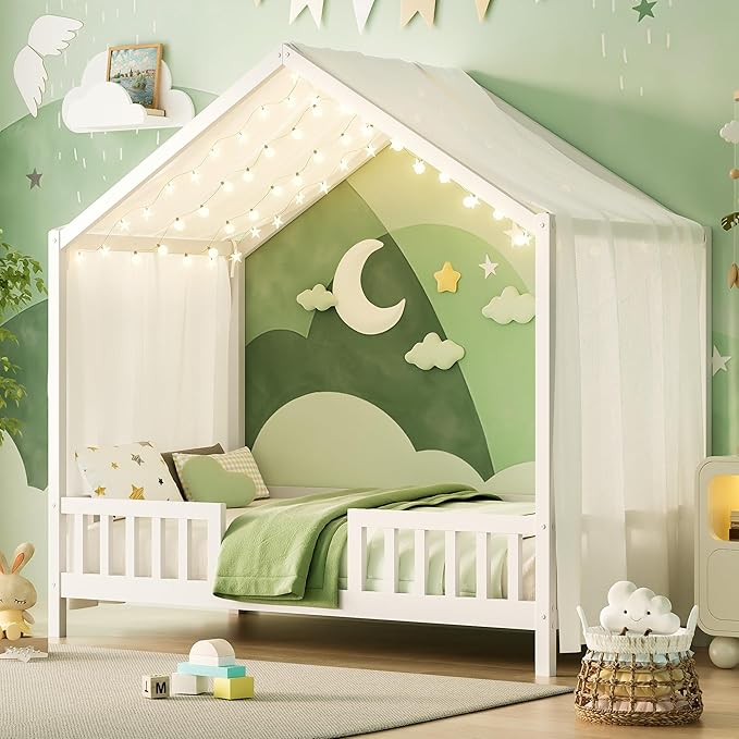 Bellemave Twin House BedFrame with Canopy, Montessori Floor Bed, House Bed with Rails for Kids, White