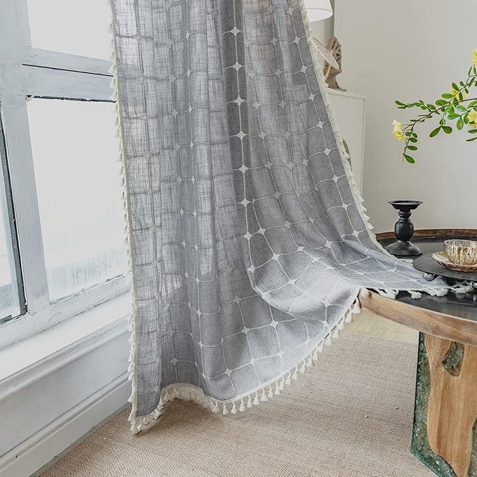 Deeprove Gray Boho Plaid Curtains 63 inch for Home Office Kitchen Nursery, Semi Blackout Casual Farmhouse Tassels Window Treatment Bohemian Embroidery Drape Rod Pocket 1 Panel 52 W x 63 L, Grey