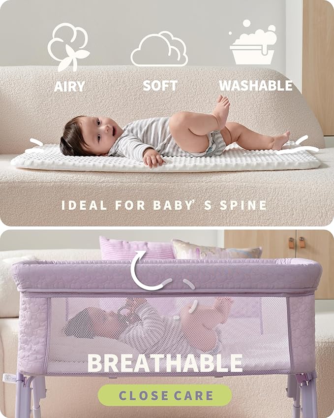 AirClub Bassinet Bedside Sleeper, Baby Crib for Newborn, Baby Bassinets Bedside Sleeper with 4 Auto-Lock & Adjustable Height, Breathable Mesh & Mattress, Bedside Bassinet