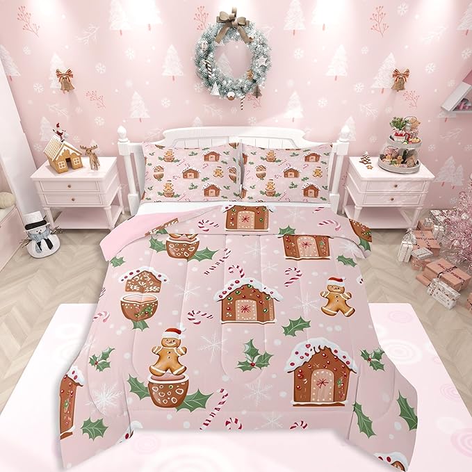 Feelyou Pink Christmas Comforter Set All Season Gingerbread Man Bedding Set with 2 Pillow Cases Christmas Pastry Microfiber Kids Queen Bedclothes Candy Cane Bedroom Decor Duvet Quilt Breathable Soft
