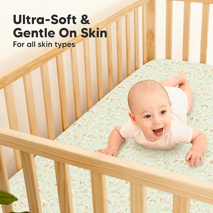 2-Pack Waterproof Baby Crib Sheets for Boys, Girls - 52x28 Viscose Derived from Bamboo Toddler Bed Sheet Neutral, Fitted Crib Mattress Protector Cover for Baby Bedding, Soft & Gentle (Foxtrot)