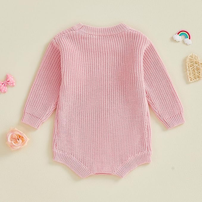 Lesimsam Newborn Baby Boy Girl Valentines Day Outfit Oversized Embroidery Long Sleeve Knit Sweater Bubble Romper Bodysuit