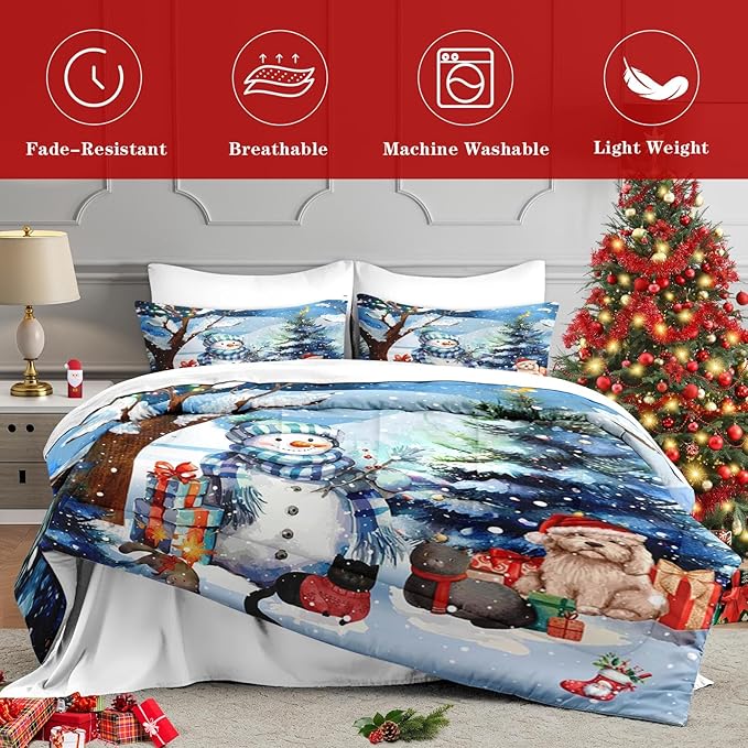 7 Pcs Full Size Christmas Comforter Set with 2 Pillowcases & 2 Shams, Cute Blue Snowman Bedding for Kids and Adults, Cold Snowy Night Bed in a Bag with Flat Fitted Sheet