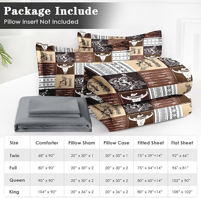 7 Pcs Queen Size Comforter Set with 2 Pillowcases & 2 Shams, Cowboy Vintage Brown Bedding for Kids and Adults, Western Bed in a Bag with Flat Fitted Sheet