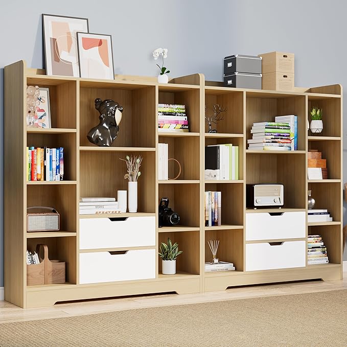 Cozy Castle Kids Bookshelf with Storage, Toy Storage Organizer with 2 Drawers and 10 Cubes 4-Tier Bookcase for Bedroom, Playroom, Hallway, Living Room(Oak & White)