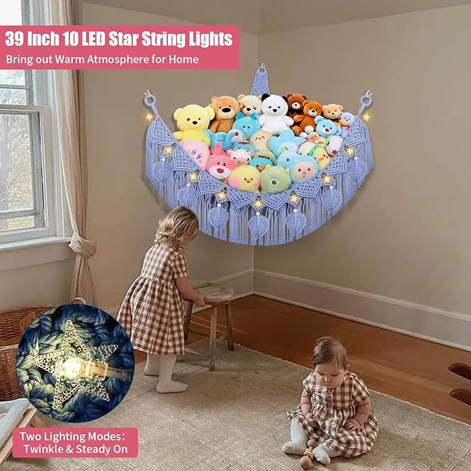 Stuffed Animal Hammock Corner, 56'' Jumbo Boho Macrame Leaf Wall Hanging Toy Hammock Net Organizer for Stuffy Plushie, Cornflower Blue Stuffed Animal Net w/Star Light for Kid Girls Boys Gift