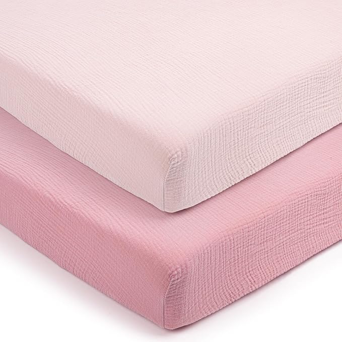 lulumoon Pack and Play Sheets for Girls: Soft Muslin Cotton for Playard Mattress - Stretchy Snug Fit for Guava Family Pack n Play