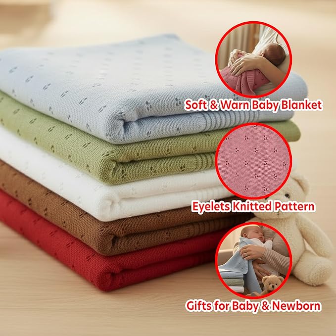 Baby Knit Blanket, 100% Cotton Eyelet Patterns, Soft, Cozy, Lightweight Swaddle for Newborn & Infant Swaddling Beige Neutral, Perfect Baby Shower Ideas Rose Pink 30x40